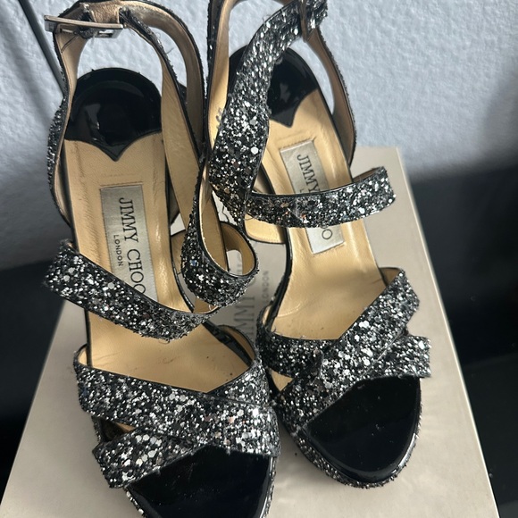 Jimmy Choo Black Glitter Vamp Ankle Strap
Platform Heels size 6 - Picture 4 of 11